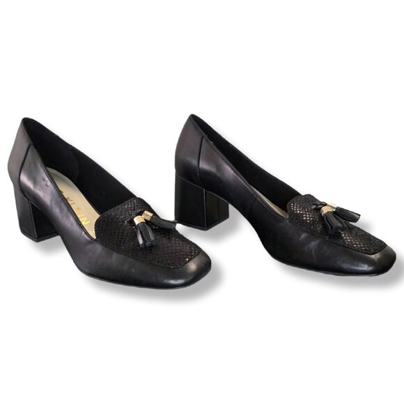Anne Klein Leather Square Toe 2.5" Block Heel Loafer Slip On Style Pumps - Picture 3 of 11